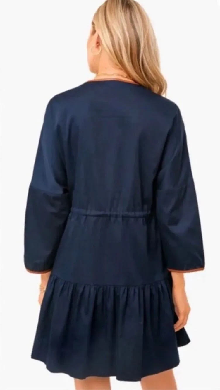 Tuckernuck Lucy Navy Leather Tiered Long Sleeve Mini Dress Size S